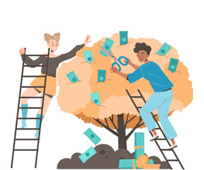 Cheerful Man and Woman on Ladder Picking Dollar Banknotes from Money Tree Vector Illustration
