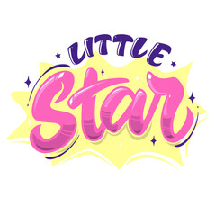 Vector illustration of Little Star text for girls clothes. Little Star badge, tag, icon. T-shirt design, card, banner template. Little Star calligraphy background. lettering typography.