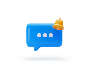 Chat message Blue Speech bubble icon with bell notification alert notice reminder symbol conversation button icon or symbol background 3D illustration - obrazy, fototapety, plakaty