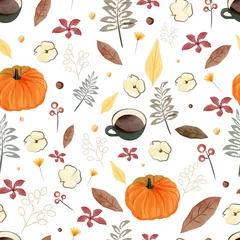 Foto auf Glas seamless pattern with autumn leaves and pumpkin © Evgenija