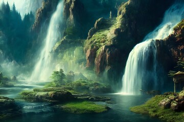 Fototapeta na wymiar An amazing fantasy forest with towering waterfalls. 