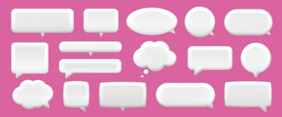 3d icon white speech bubble. Empty text bubbles in various shapes, comment, dialogue balloon set. Thought clouds. Isolated on purple background