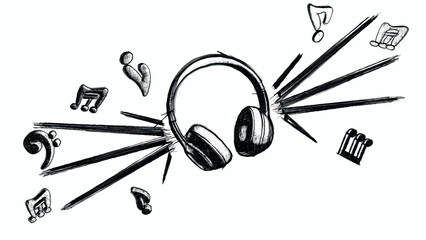 Headphones with music playing loud. Music notes flying around. Sketch style outline vector illustration