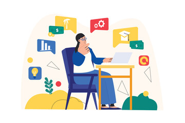 Concept Planning financial budget with people scene in the flat cartoon style. Woman thinks what she will spend her saving on. Vector illustration.