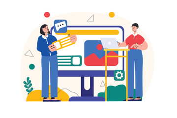 Web design concept with people scene in the flat cartoon style. Two employees are working on the development of a new project. Vector illustration.