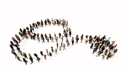 Concept or conceptual large gathering  of people forming an image of a stethoscope on white background.  A 3d illustration metaphor for a checkup, treatment, medicine, health and care