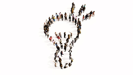 Concept or conceptual large community of people forming the image of a shining lightbulb on white background. A 3d illustration metaphor for creation, inspiration, brainstorming, genius and invention