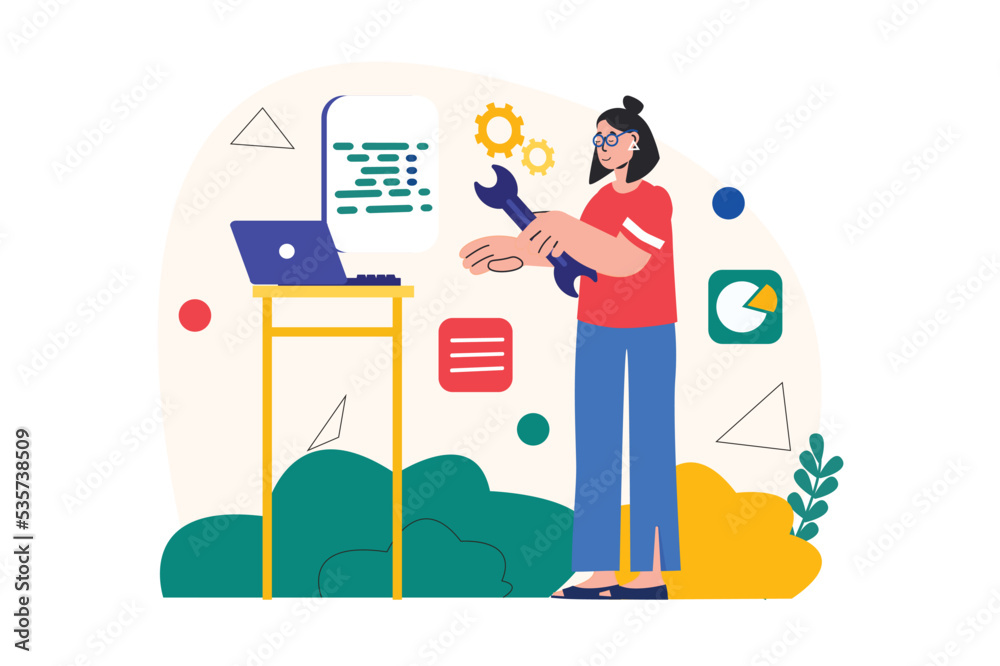 Poster concept programmer working with people scene in the flat cartoon design. girl is ready to correct er