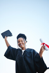 Success, graduation and education with black woman and certificate from university, celebration or...