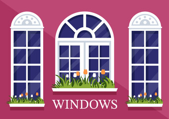 House Architecture with Set of Doors and Windows Various Shapes, Colors and Sizes in Template Hand Drawn Cartoon Flat Background Illustration