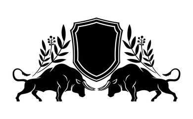 Two bulls and a shield on a white background.