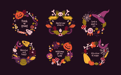 Halloween wreaths designs set. Creepy Helloween circles from orange pumpkins, web, bones, skulls and candies. Autumn holiday decoration, round frames with quotes. Isolated flat vector illustrations