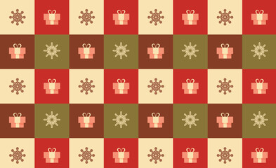 Christmas seamless pattern with gift boxes and snowflakes in colorful squares. Geometric festive composition for the New Year.