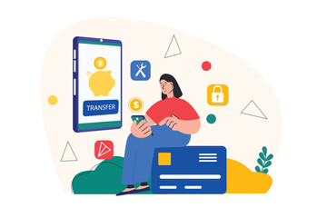 Mobile banking concept with people scene in the flat cartoon style. Girl carries out all banking transactions using a mobile phone. Vector illustration.