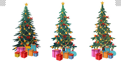 Christmas tree illustration set fir tree transparent background 크리스마스 트리 전나무 Gift box and decoration full set