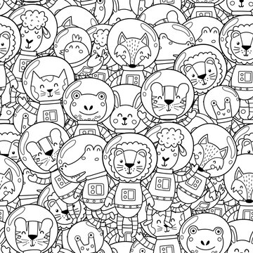 Cute animals astronauts in space seamless pattern. Cosmic black and white coloring page for adult and kids with cute characters. Vector illustration