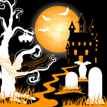 festive halloween flyer with silhouette images of a castle, an old scary tree. vampires and bats, with an abandoned cemetery and tombstones, against the backdrop of the moon