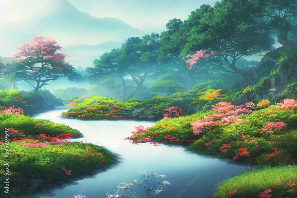 Wall mural japan anime scenery wallpaper featuring beautiful pink cherry trees and mount fuji in the background