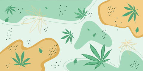 Natural botanical background with medical cannabis leaves, orange and green spots, black dots and strokes. Vector illustration, banner, card, print.