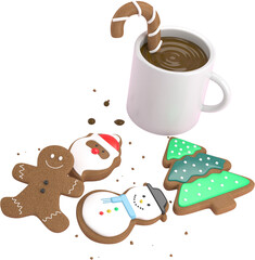 3d Rendering Christmas or new year elements background with decorative cookies and candys. Colorful gifts for holidays. Modern design. Isolated illustration.