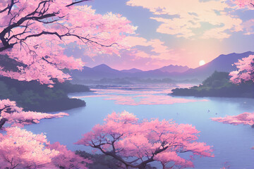Naklejka premium Japan anime scenery wallpaper featuring beautiful pink cherry trees and Mount Fuji in the background