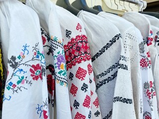 Traditional Slavic national clothes with embroidery. Folk embroidered blouses vyshyvanka handmade craft.