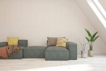 White living room with sofa. Scandinavian interior design. 3D illustration