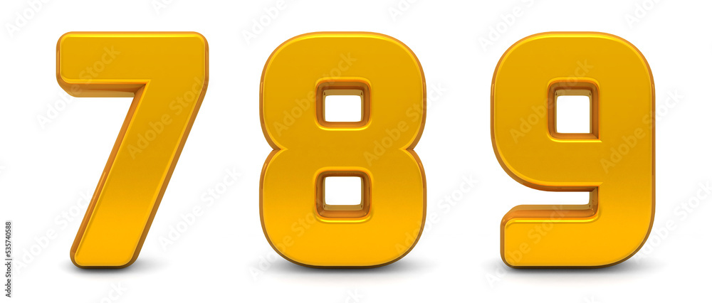 Fototapete gold numbers 7,8,9 isolated on white background. golden 3d numbers. 3d shiny gold number collection.
