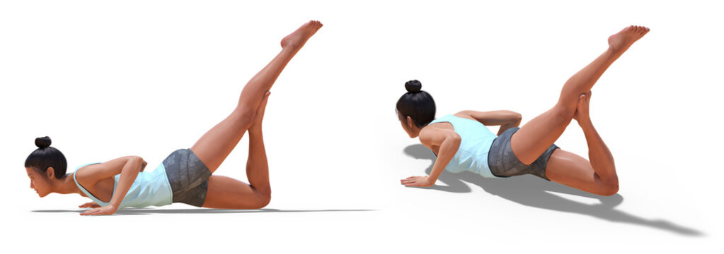 Back and Left Profile Poses of a virtual Woman in Yoga Flying Locust Pose on white