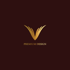 Gold Elegant letter V. Graceful style. Calligraphic beautiful logo. Initial Letter V Design Vector Luxury Feathers. Vector illustration