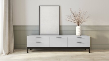 Projekt salonu. Widok na nowoczesne wnętrze z białą szafką RTV, dekoracjami i obrazem w ramce dla edycji. koncepcja minimalizmu