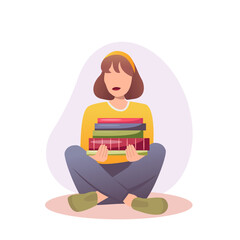 The girl is holding a huge stack of books. Bibliopole and bibliomania. The girl is reading a book, and there is a book in her head. Concept of reading for exam, knowledge, studying, education,bookworm