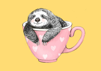 A cute sloth sits in a pink cup