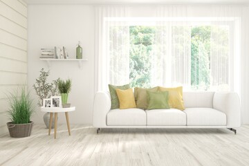 White living room with sofa and summer landscape in window. Scandinavian interior design. 3D illustration