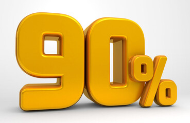 Golden 90% 3d isolated on white background. 90% off 3D. 90% mega sale or ninety percent bonus.  Sale of special offers. 3d rendering.