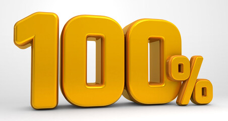 Golden 100% 3d isolated on white background. 100% off 3D. 100% mega sale or hundred percent bonus.  Sale of special offers. 3d rendering.
