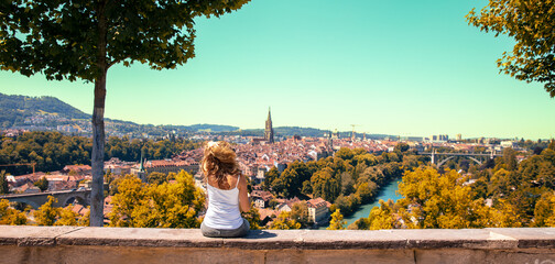 Woman travelling in Switzerland- Bern city landscape