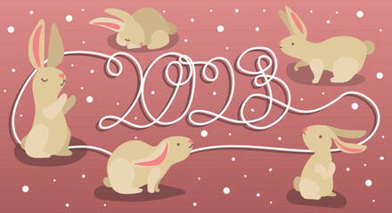 A postcard for the new year with lines and warm hares, rabbits on a pink background. A New Year's greeting card for 2023. Suitable for printing. Printing banners, postcards, flyers, print on clothes.