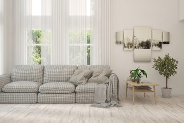 White living room with sofa and summer landscape in window. Scandinavian interior design. 3D illustration