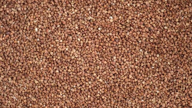 Buckwheat groats background. Dry buckwheat wallpaper. Texture. Copy space. Lots of Buckwheat in wooden Bowl World crisis, export, import. Harvest problems, sanctions. Increase prices and shortages