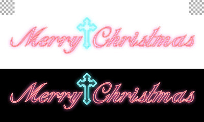 Merry Christmas logo design transparent background red neon style with cross