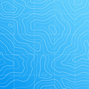 Line Contour Sea Topographic Map On Blue Background, Vector Topography Of Ocean And Sea Floor. Abstract Topo Map With Landscape Of Bottom Relief, Contour Line Pattern Of Depth And Stream Routes