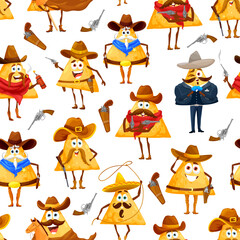Mexican nachos chips seamless pattern, cowboy charro, sheriff and bandit ranger on vector background. Cartoon characters or Mexican food personages pattern, funny cute nachos in sombrero hat with guns