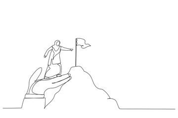 Drawing of businesswoman wear jilbab stand on giant helping hand to reach mountain peak target flag.  Coaching mentor support concept single continuous line art style