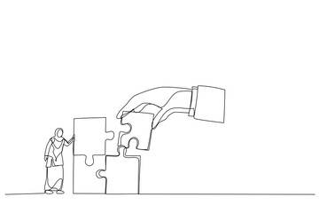 Cartoon of giant hand connect last jigsaw puzzle to office arab businesswoman worker. Metaphor for team building, leadership, teamwork. One line art style