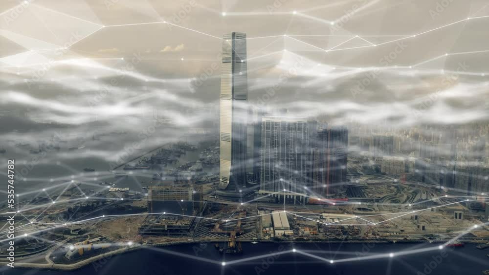 Poster City, digital marketing and futuristic data in the sky for cloud computing, ecommerce and blockchain software. Future, building and innovation with holographic information technology and overlay