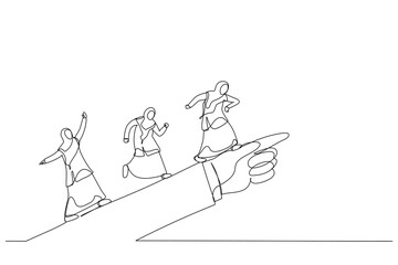 Drawing of muslim businesswoman running forward looking for success in the way showed by giant hand of leader. Metaphor for directional leadership. Single continuous line art style