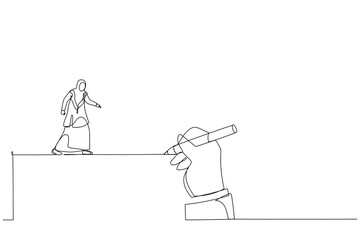 Obraz premium Cartoon of giant hand draws a road for the arab woman to walk. One line art style