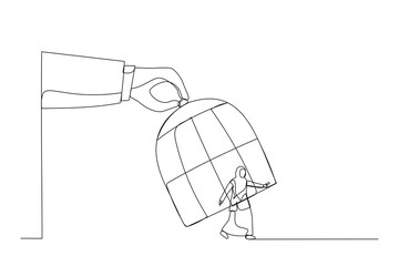 Cartoon of giant hand capturing a running muslim businesswoman with birdcage. One line art style