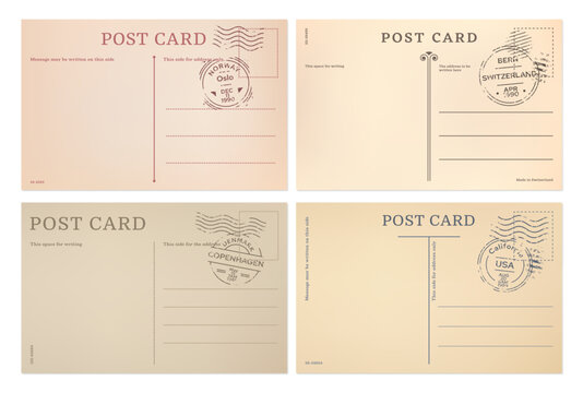 Vintage postcards and post card templates from Oslo, Copenhagen, Bern and California. Vector postcards reverse backgrounds with postal stamps of Norway, Denmark, USA or Switzerland travel post cards